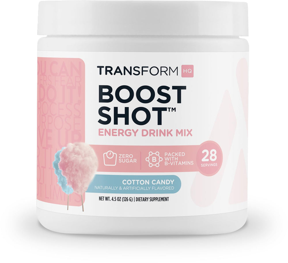 TransformHQ Energy & Focus Powder cotton candy powder tub showing label and clean-energy promise