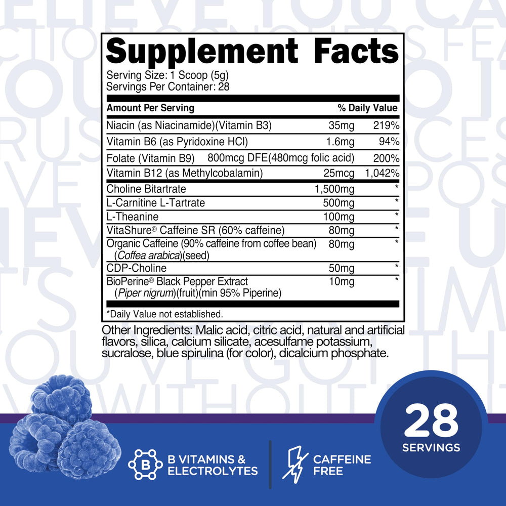 TransformHQ Energy & Focus blue raspberry mixed in water for refreshing sustained energy