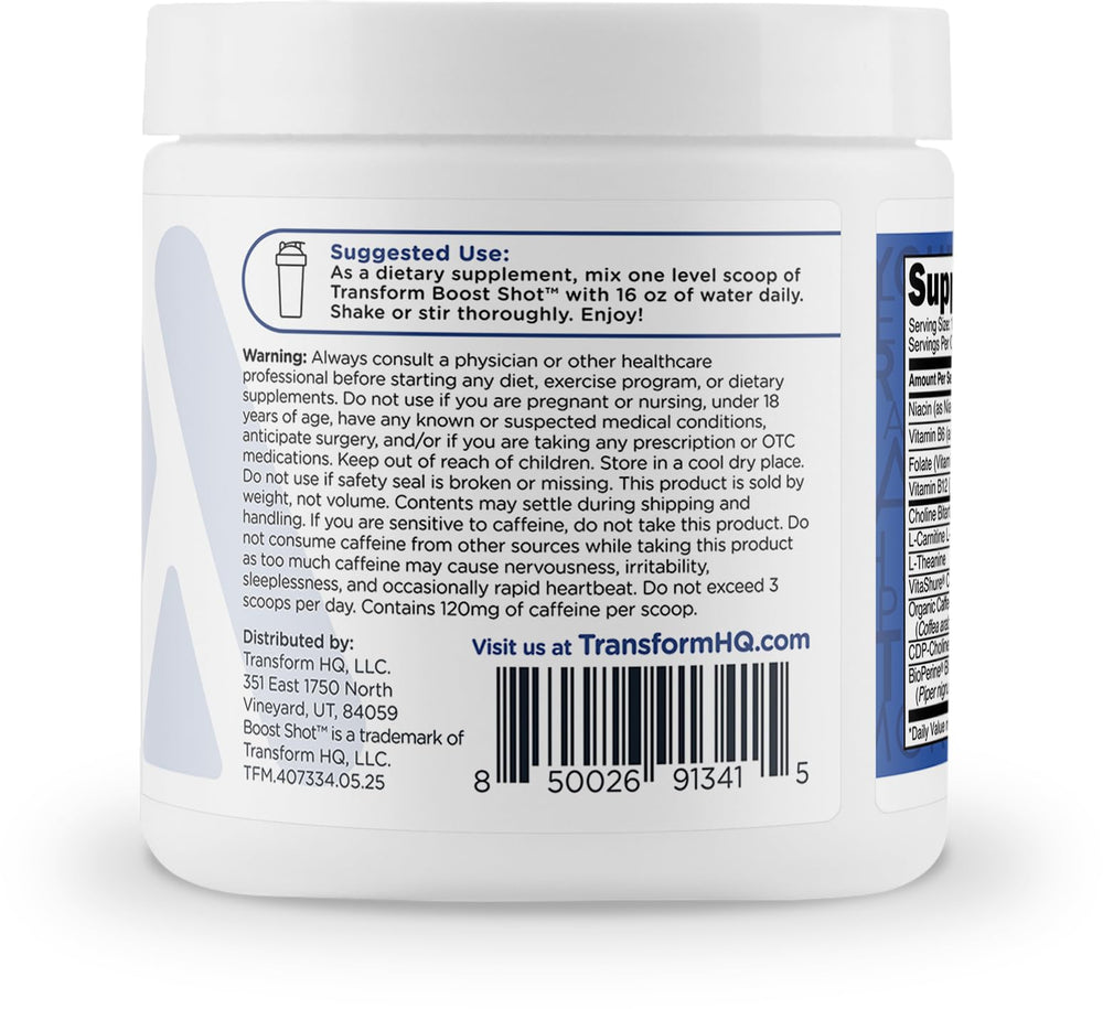 TransformHQ Energy & Focus bottle label highlights sugar-free, non-GMO formula