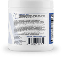 TransformHQ Energy & Focus bottle label highlights sugar-free, non-GMO formula