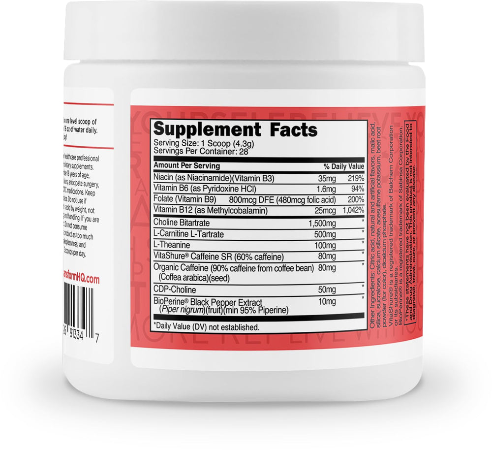 TransformHQ energy & focus powder scooped into a glass illustrates easy, on-the-go mixing.