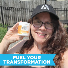 TransformHQ energy & focus powder fruit-punch closeup emphasizes refreshing morning routine.