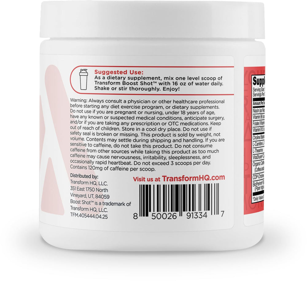 TransformHQ energy & focus powder science closeup showcases L-Theanine and choline for focus.