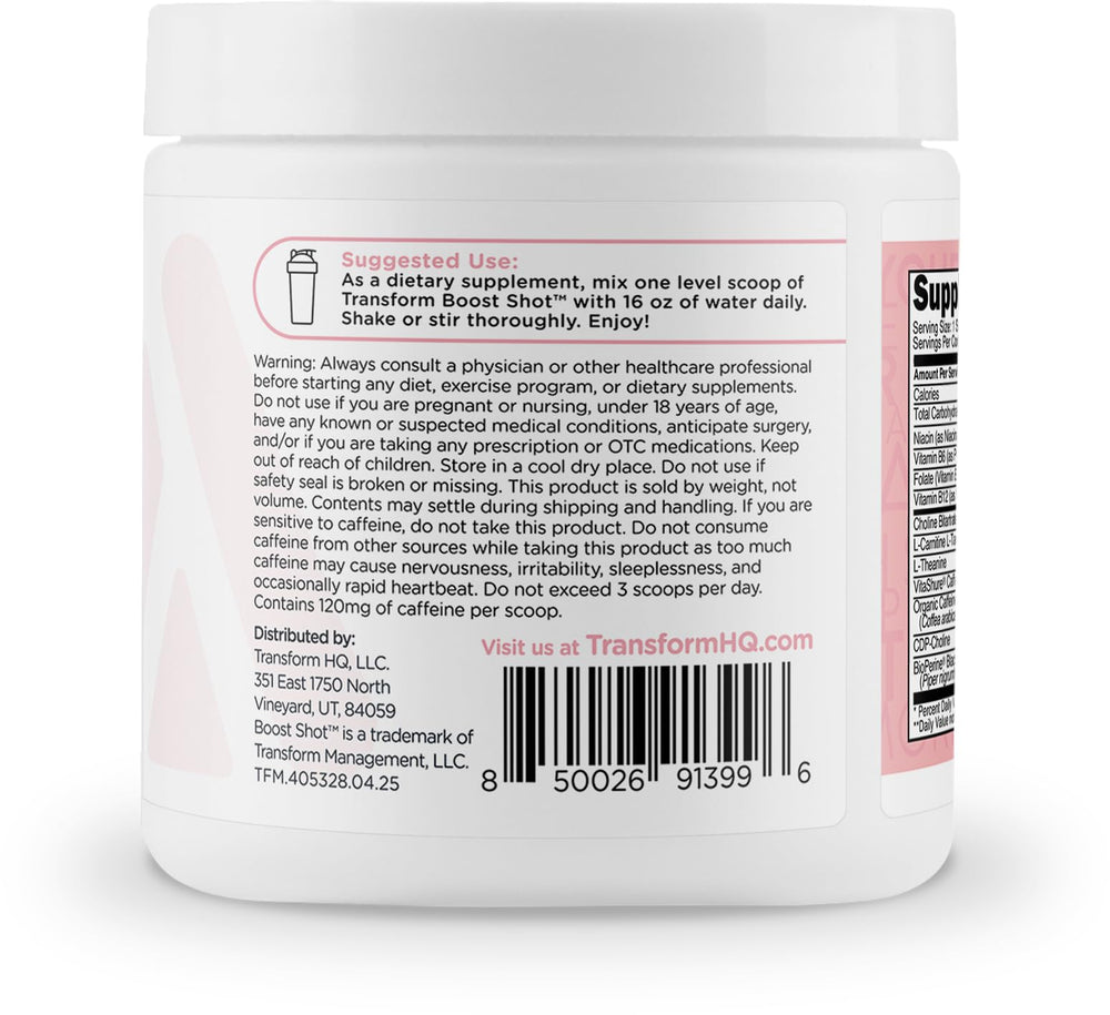 TransformHQ Energy & Focus Powder ingredient panel highlighting caffeine and vitamins