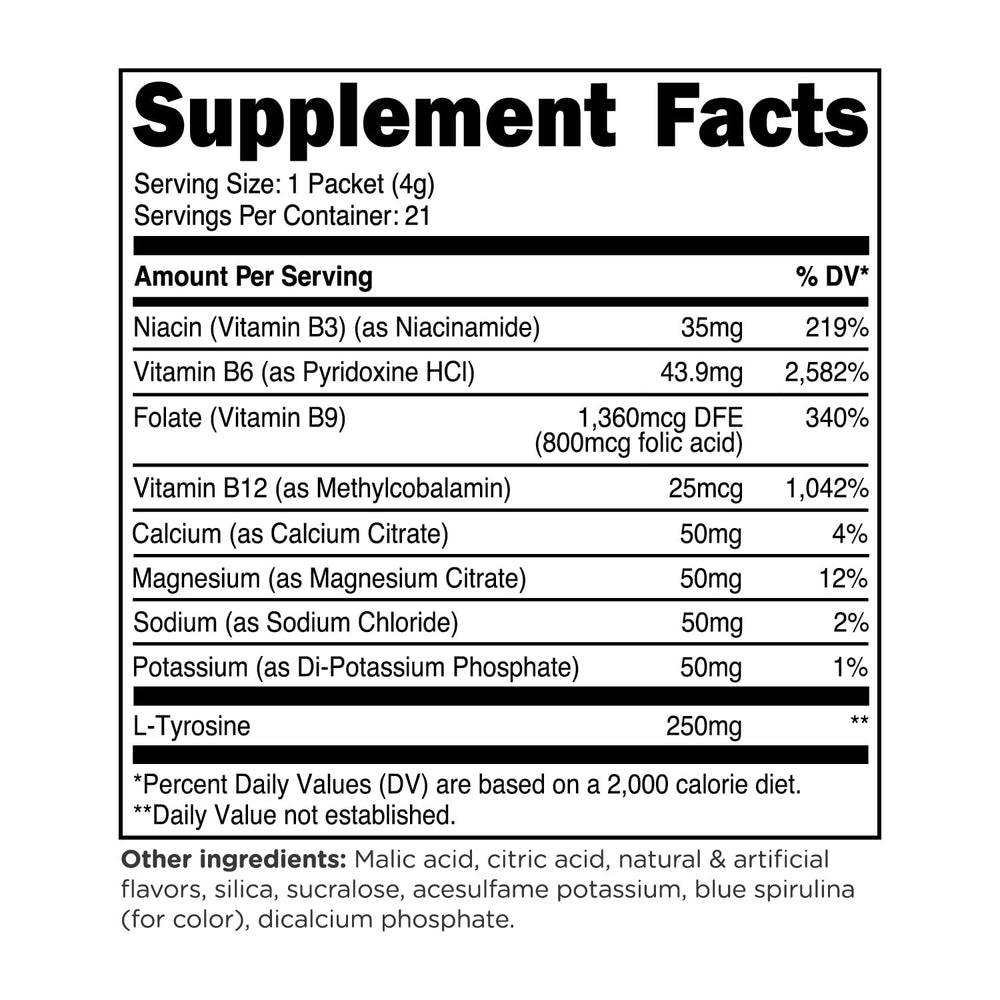 TransformHQ Hydration blue raspberry packet open showing powder ready to mix.