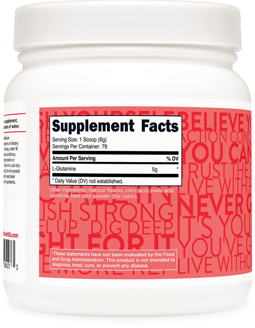 Ingredient and nutrition information for TransformHQ L-Glutamine Powder 500g Strawberry Lemonade