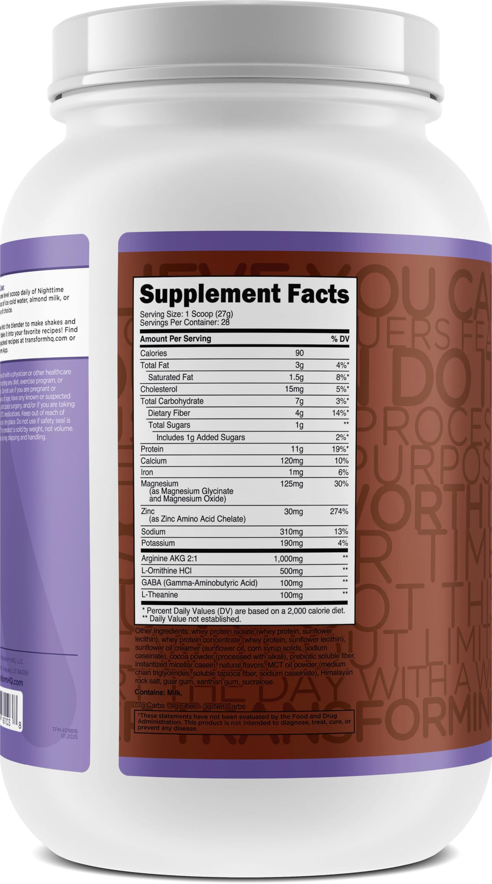 Serving size for TransformHQ Nighttime Shake Chocolate Mousse 28 servings