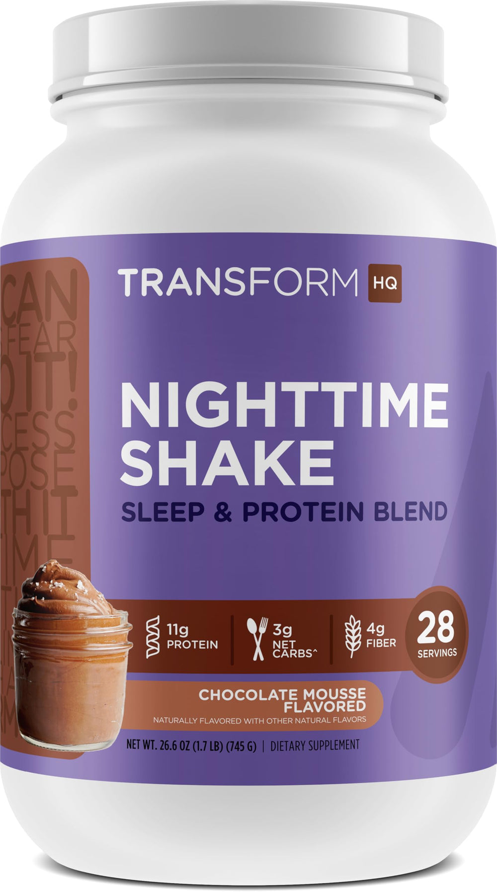 TransformHQ Nighttime Shake bottle pour shows chocolate mousse flavor and protein boost for bedtime