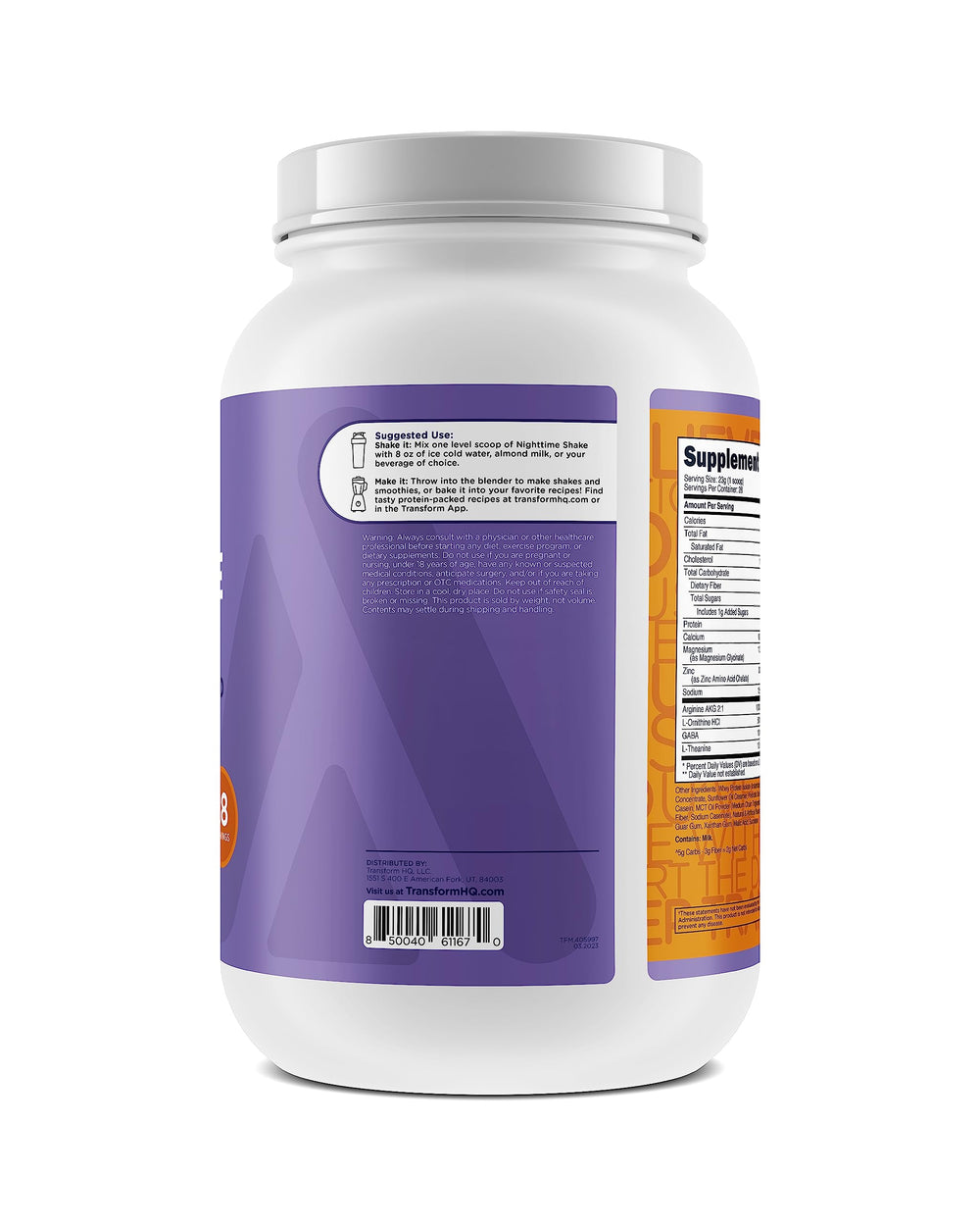 TransformHQ Nighttime Shake ingredients panel close-up highlights slow- and fast-release proteins.
