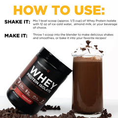 Glass of chocolate protein shake made with TransformHQ WPI