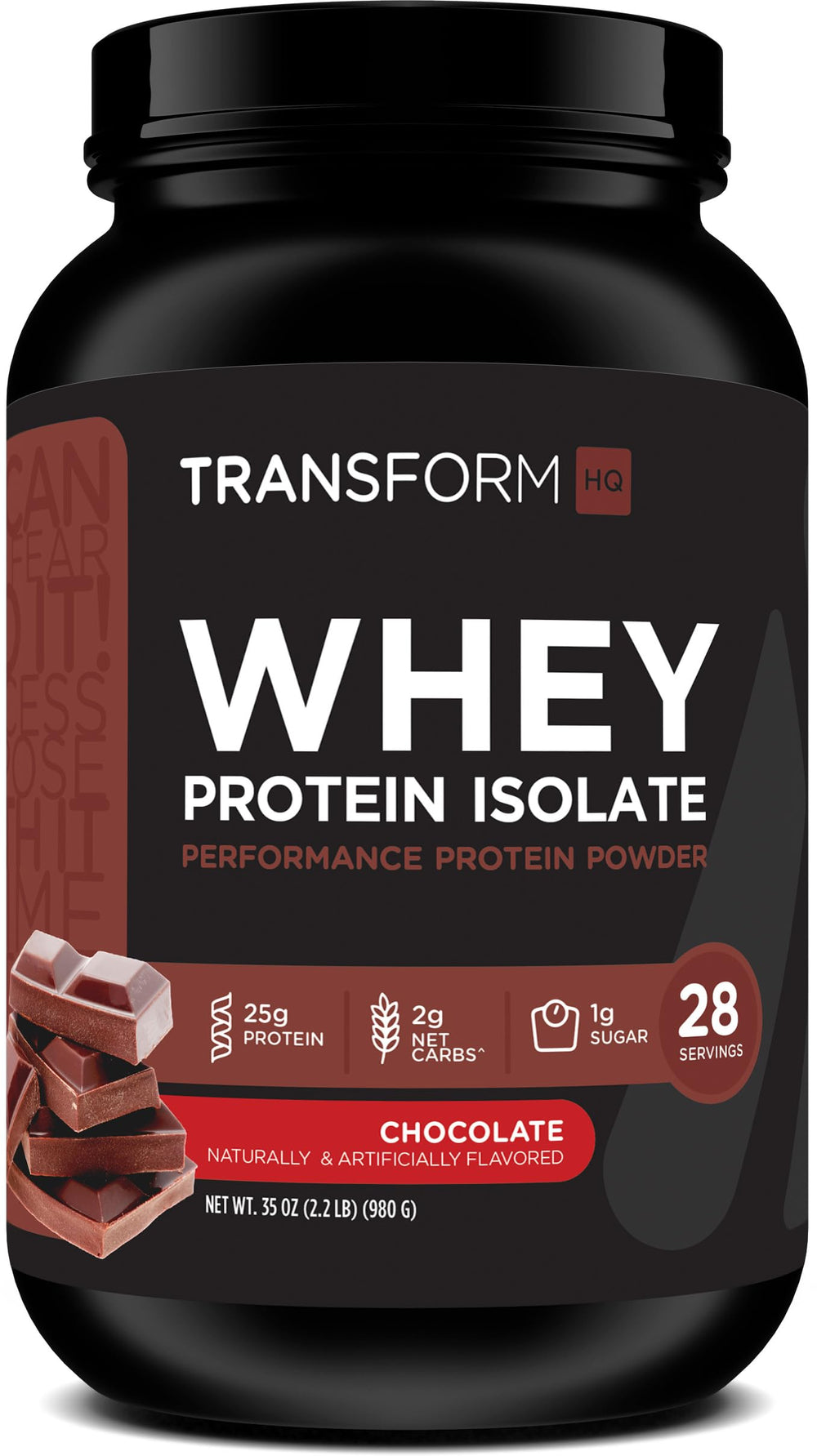 TransformHQ whey protein isolate chocolate bottle closeup for a high-protein shake on the go