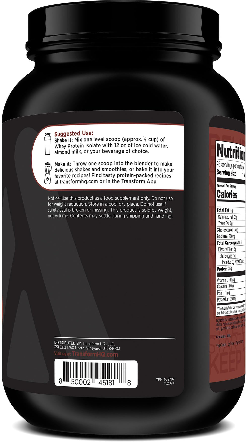 TransformHQ whey protein isolate chocolate shaker cup ready for post-workout recovery shake