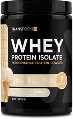 TransformHQ Whey Protein Isolate Vanilla tub—premium protein source for workouts.