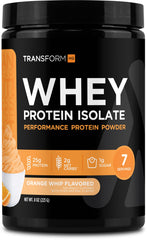 TransformHQ Whey Protein Isolate Orange Whip tub front emphasizes convenient protein for workouts.