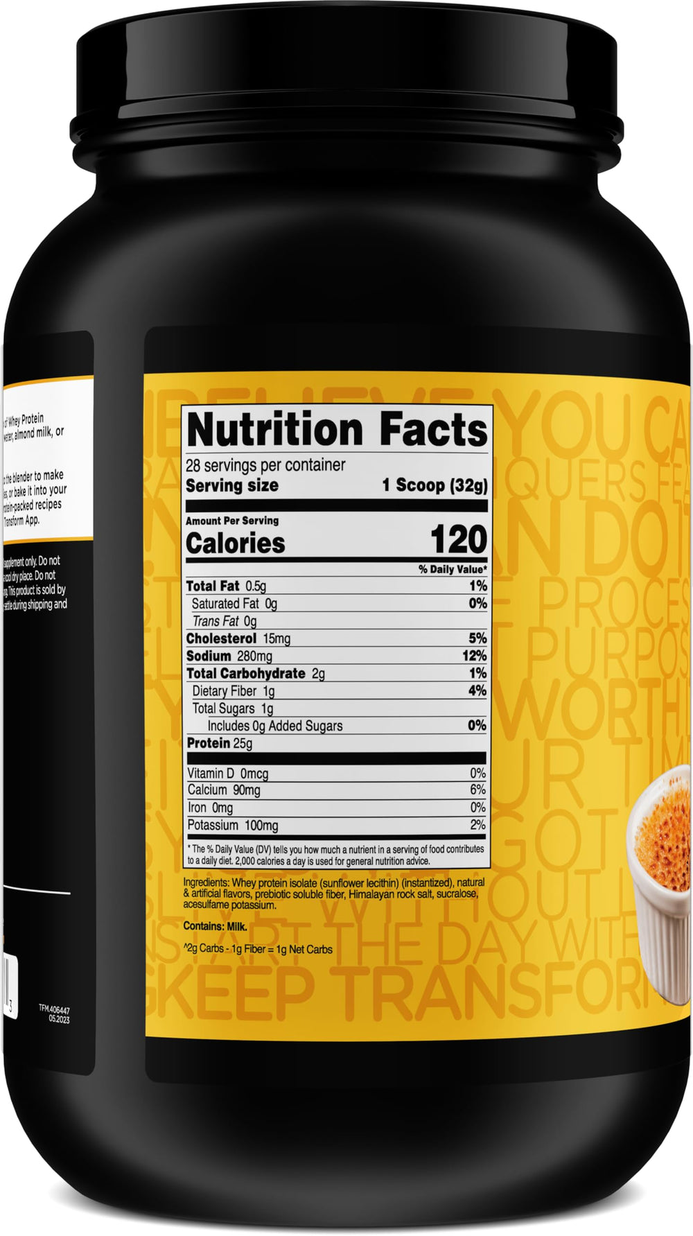 TransformHQ whey protein isolate Vanilla Creme Brulee ingredients panel for nutrition tracking