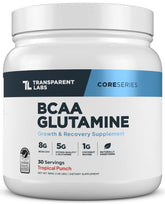 Front view of Transparent Labs BCAA Glutamine Tropical Punch tub