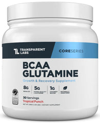 Front view of Transparent Labs BCAA Glutamine Tropical Punch tub