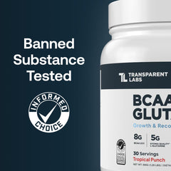 Tropical Punch label close-up on Transparent Labs BCAA Glutamine