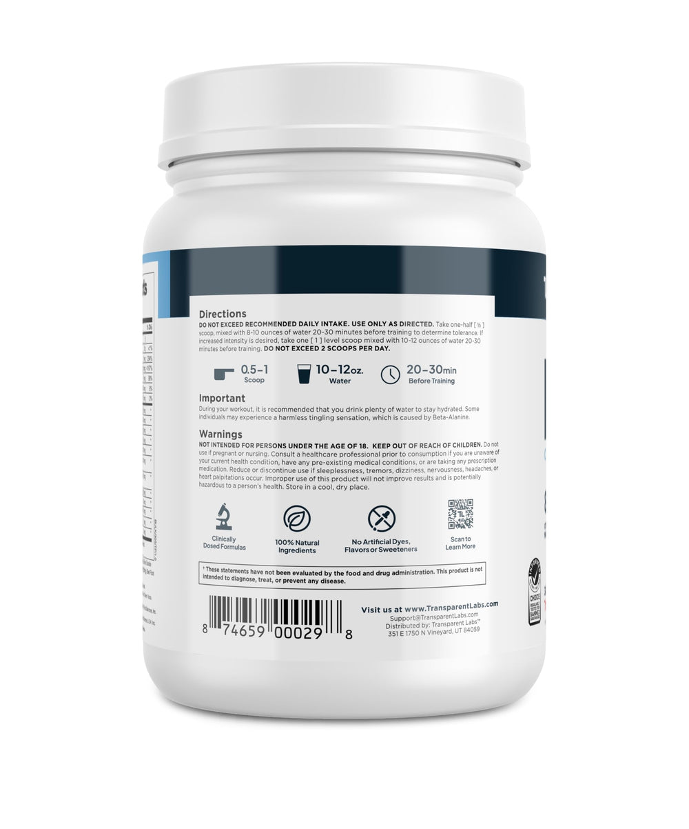Nutritional facts panel for Transparent Labs Bulk Pre Workout Powder Tropical Punch