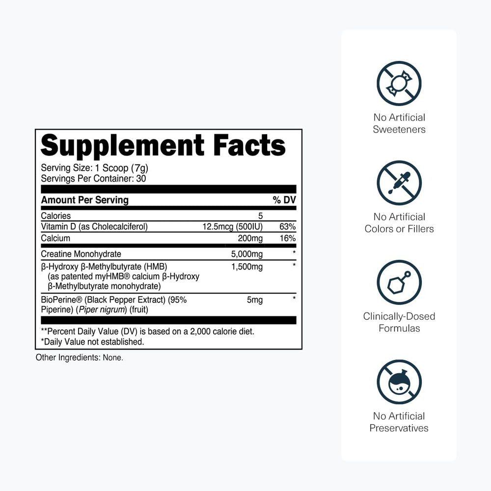Unflavored creatine HMB powder texture with scoop