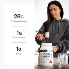 Scoop with protein powder beside the canister