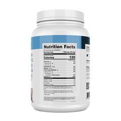 Prepared shake in glass showing creamy milk chocolate protein
