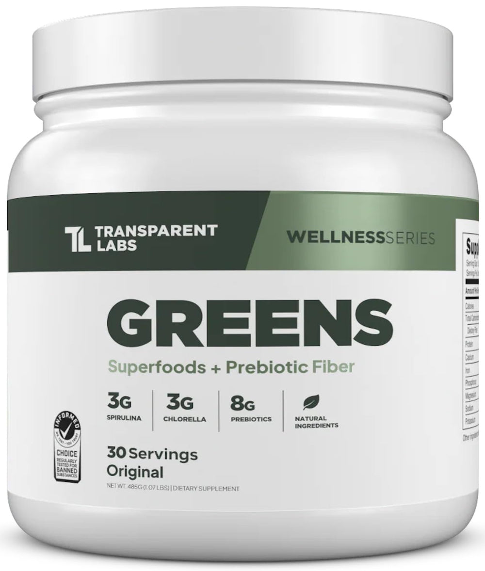 Front view of Transparent Labs Prebiotic Greens jar