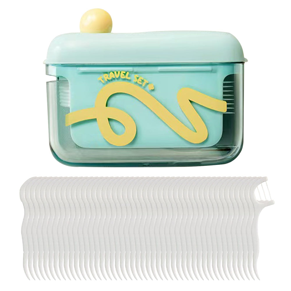 Travel floss picks in a blue-green box, front view