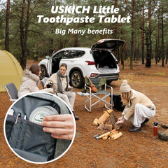 Travel-sized package of toothpaste tablets for on-the-go use