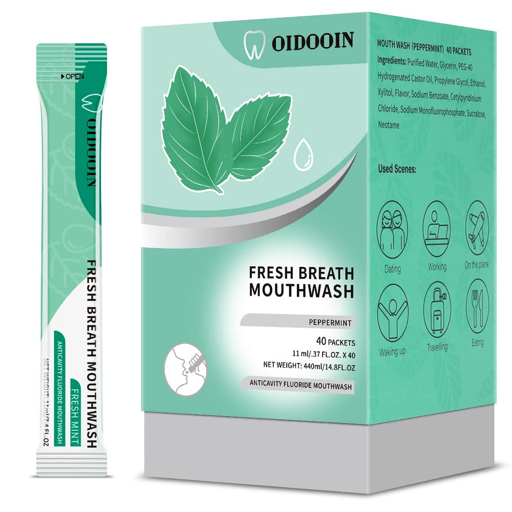 40-pack travel size mouthwash box with 0.4 fl oz sachets