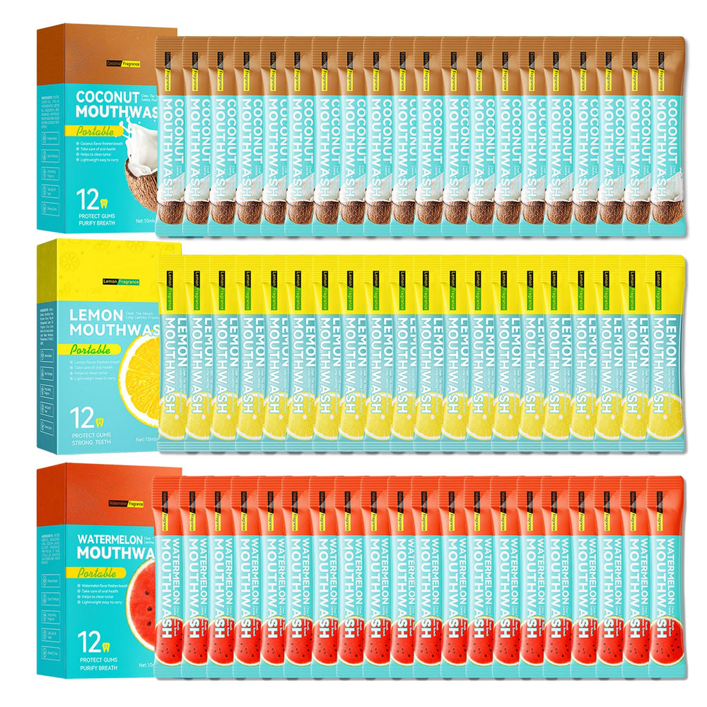 Travel size mouthwash kit showing three flavors with 60 sachets
