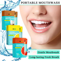 Assorted flavor sachets in travel mouthwash set