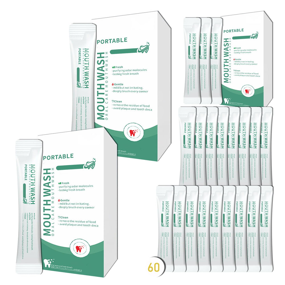 Travel Size Mouthwash Pack of 60 sachets arranged in a row