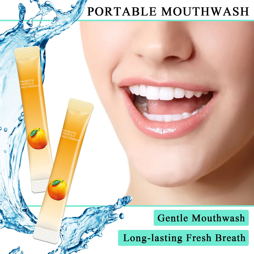 Close-up of individual travel mouthwash sachets