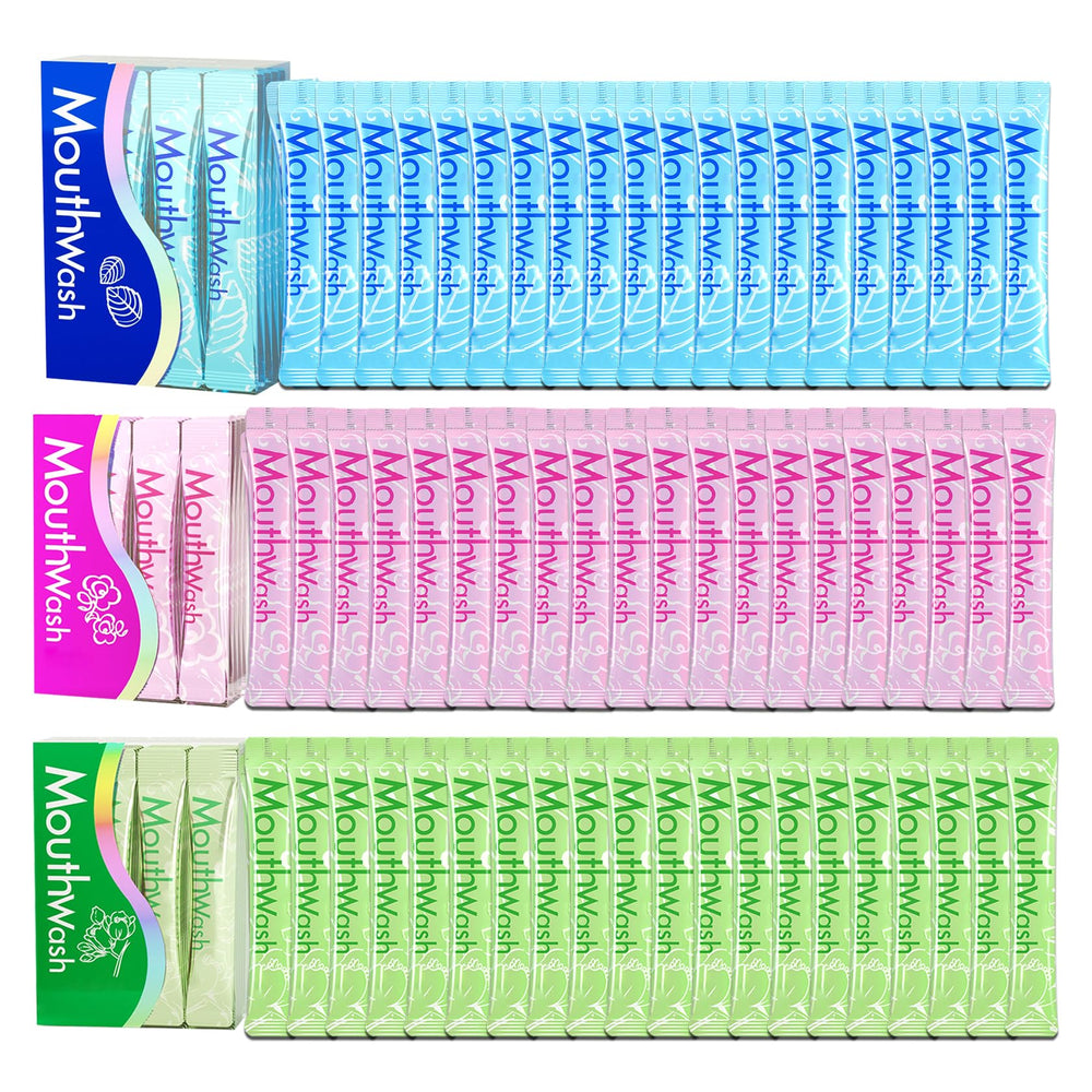Front view of travel-size mouthwash pack with 60 sachets