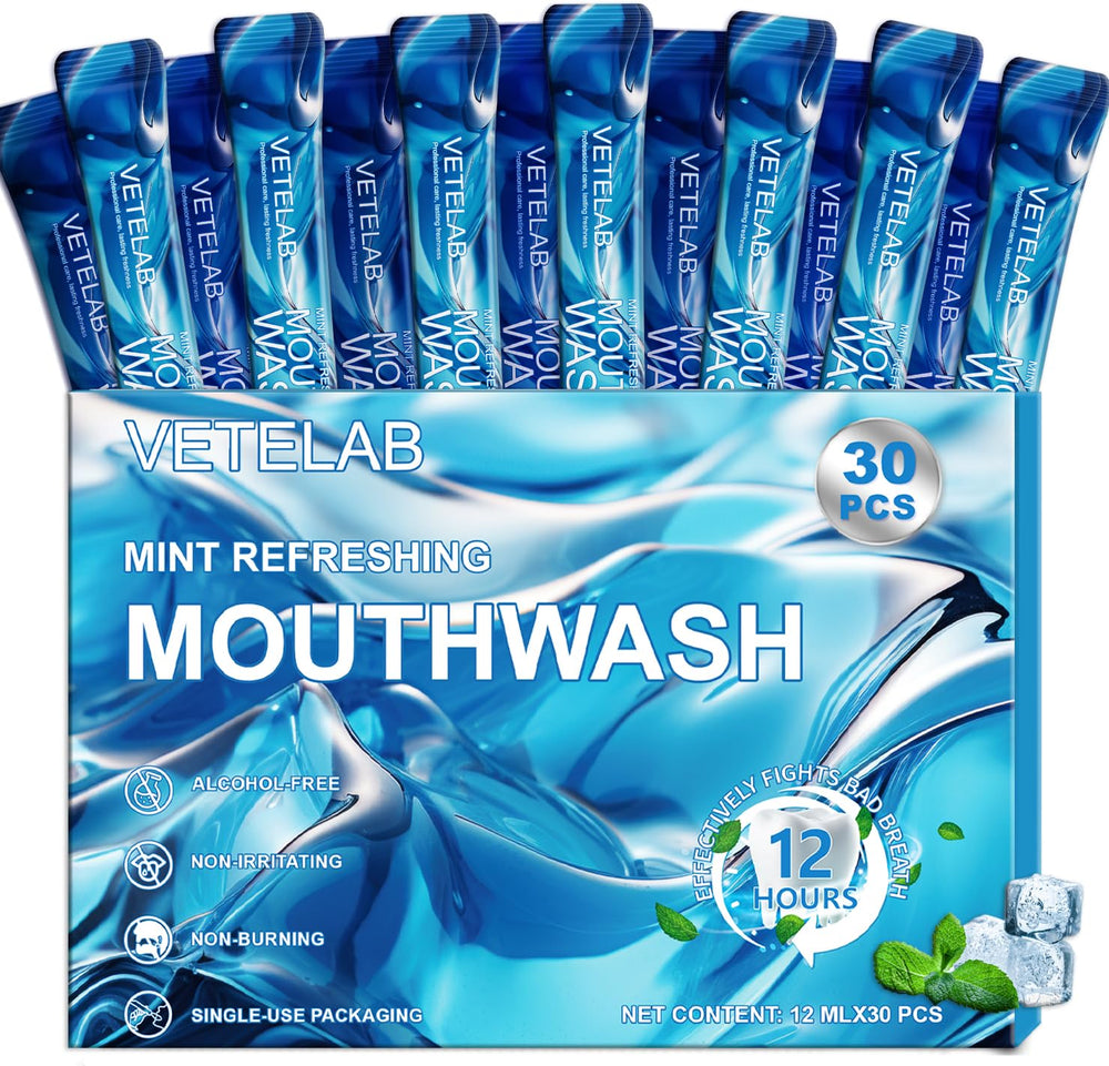 Box of travel size mouthwash packets 30-pack
