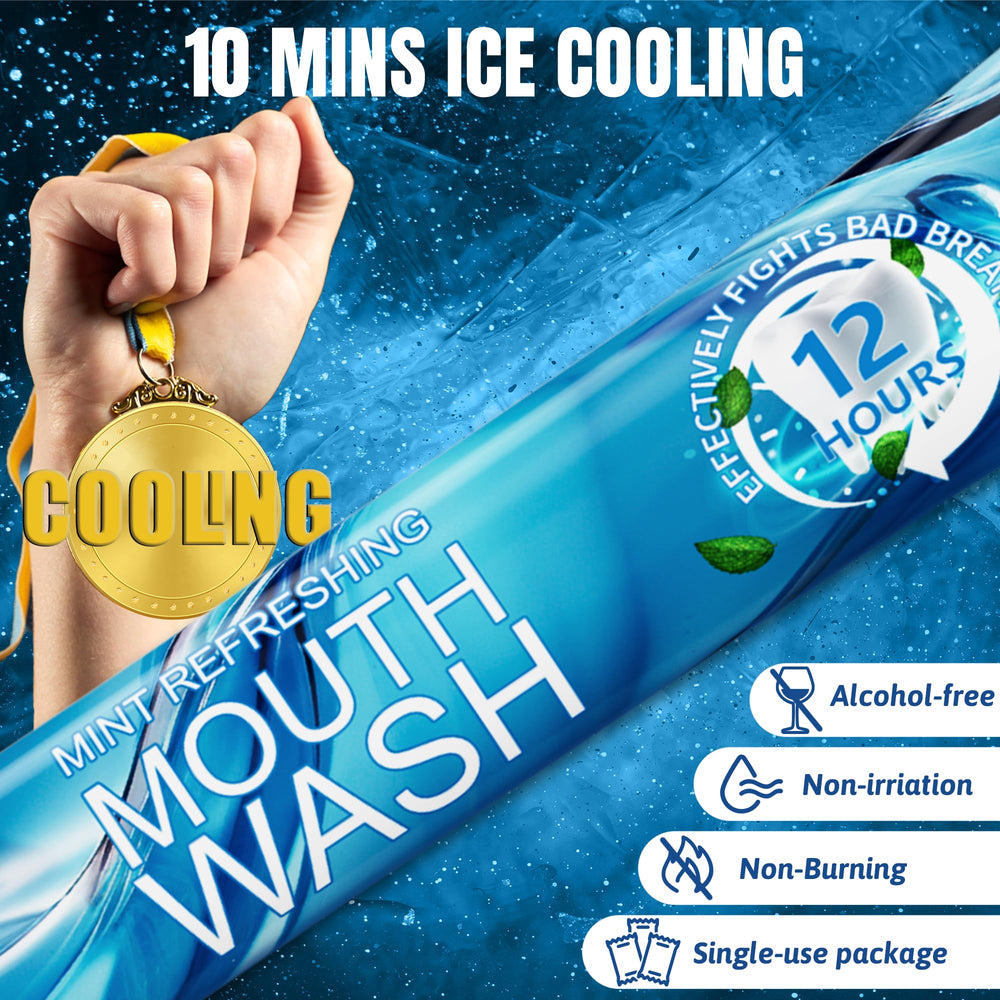 Pack of travel mouthwash sachets arranged on white background
