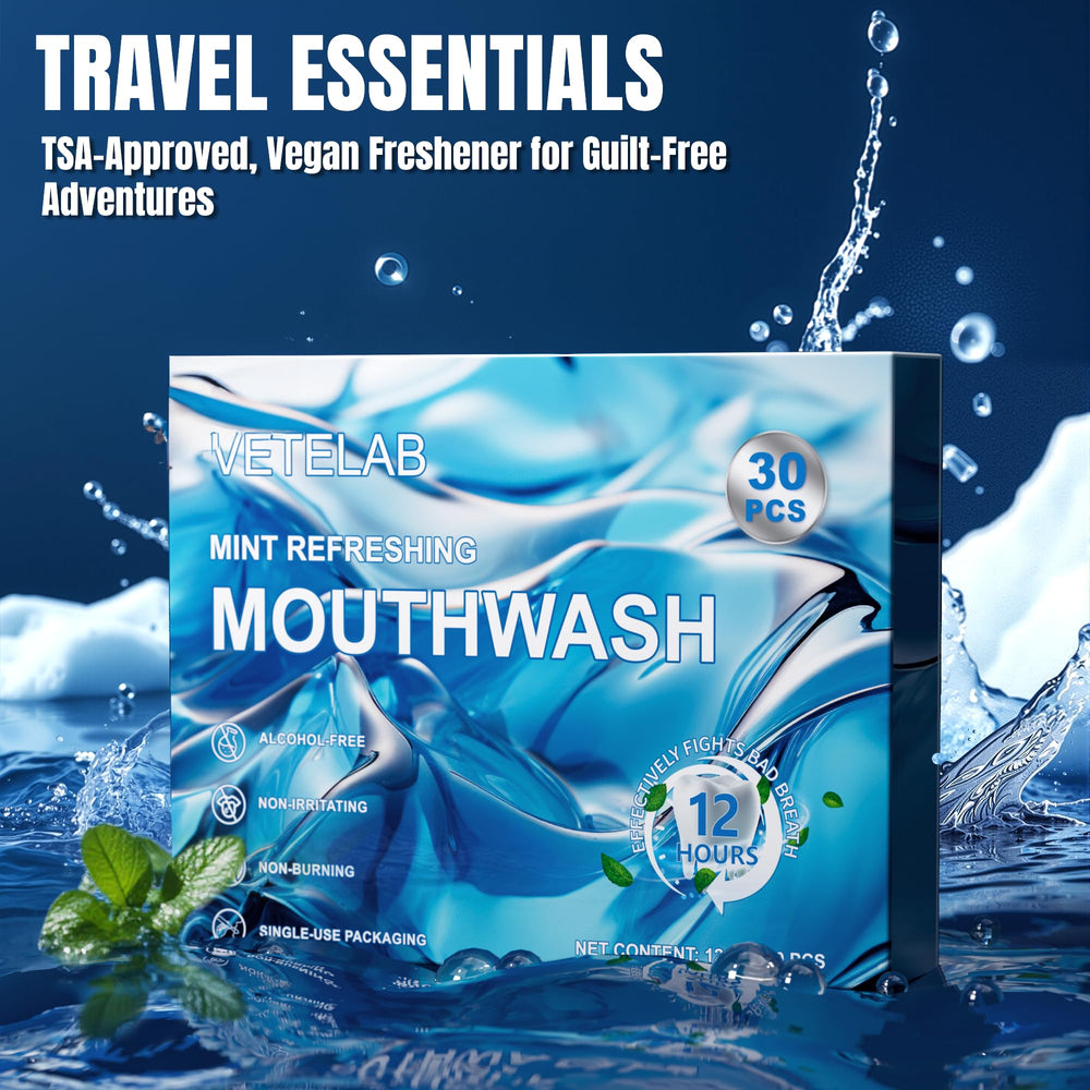 Mini mint mouthwash packets for on-the-go freshness