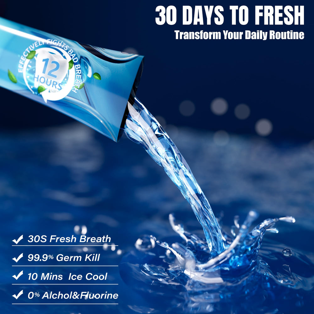 Mint-flavored mouthwash packet on white background