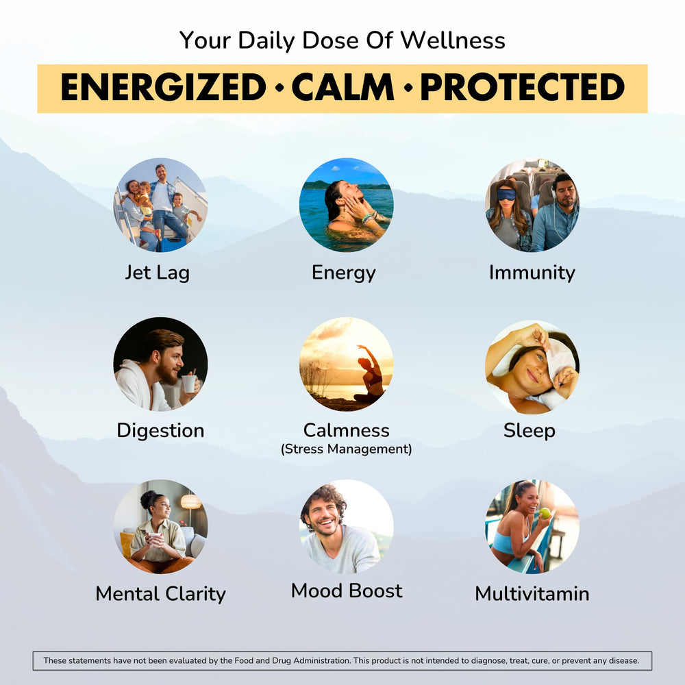 Green tea leaves and chia seeds next to vitamins