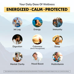 Green tea leaves and chia seeds next to vitamins