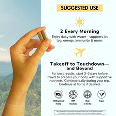 All-in-one travel wellness bottle highlighting D3 and B vitamins