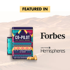 Flat lay of travel vitamin bottle with natural ingredients