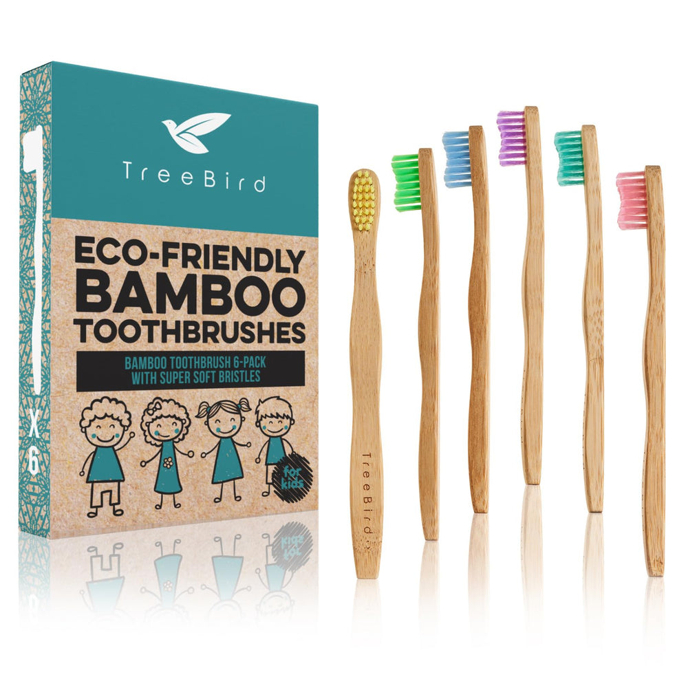 Six colorful TreeBird kids bamboo toothbrushes in a 6-pack