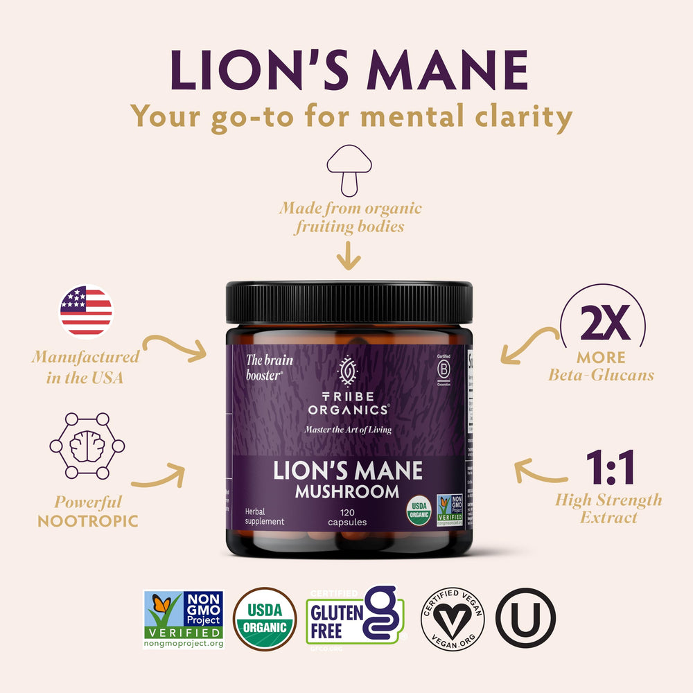 Bottle of Lion’s Mane capsules with product label