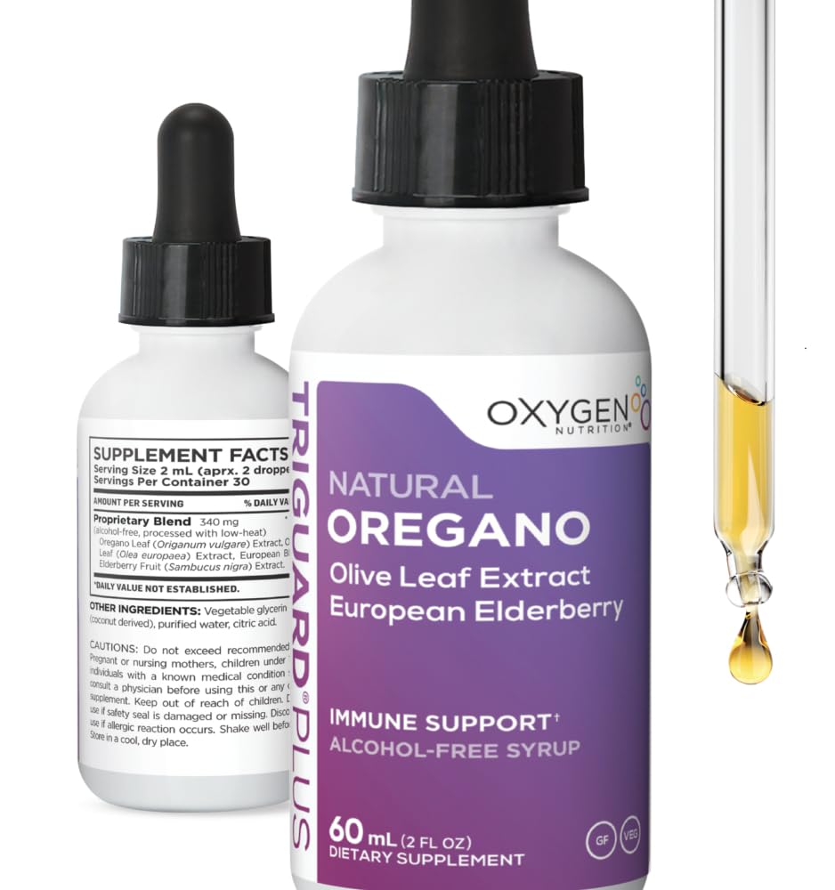 Bottle of Triguard Plus Oregano Oil, Olive Leaf & Elderberry tincture, 2 oz