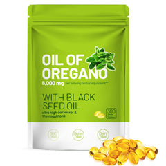 Front view of Trihood Oil of Oregano and Black Seed Oil Softgels bottle with label