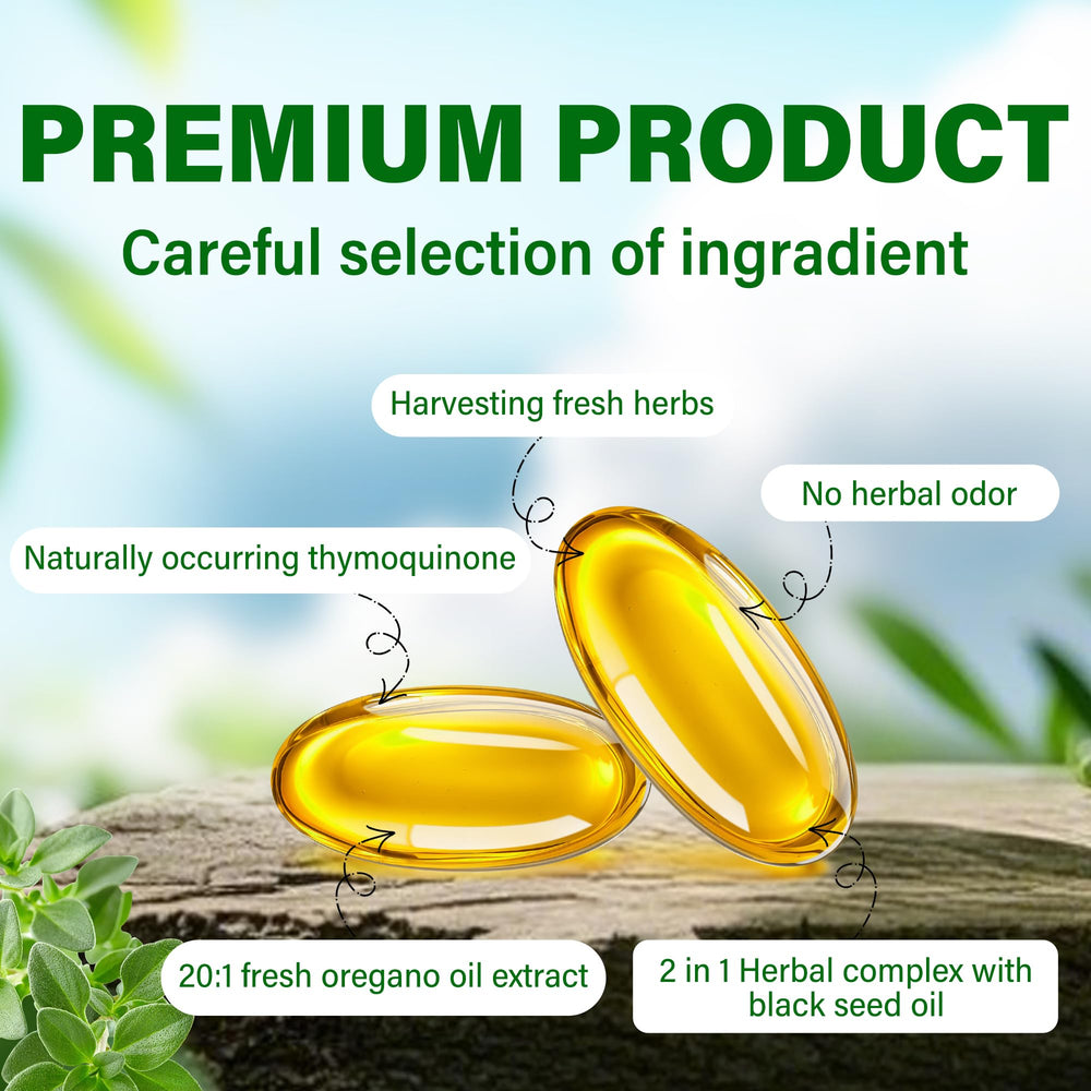 Close-up of Trihood oil oregano and black seed oil softgels capsules