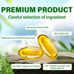 Close-up of Trihood oil oregano and black seed oil softgels capsules