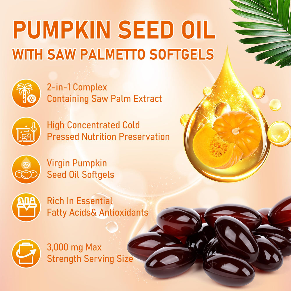Close-up of hair and skin health concept with pumpkin seed oil and saw palmetto